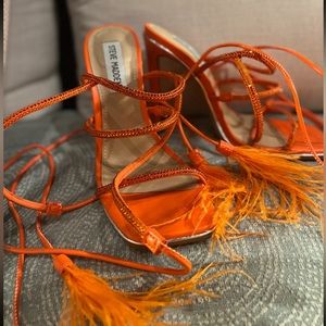🍊 Orange Feather with Rhinestone accent square toe heels